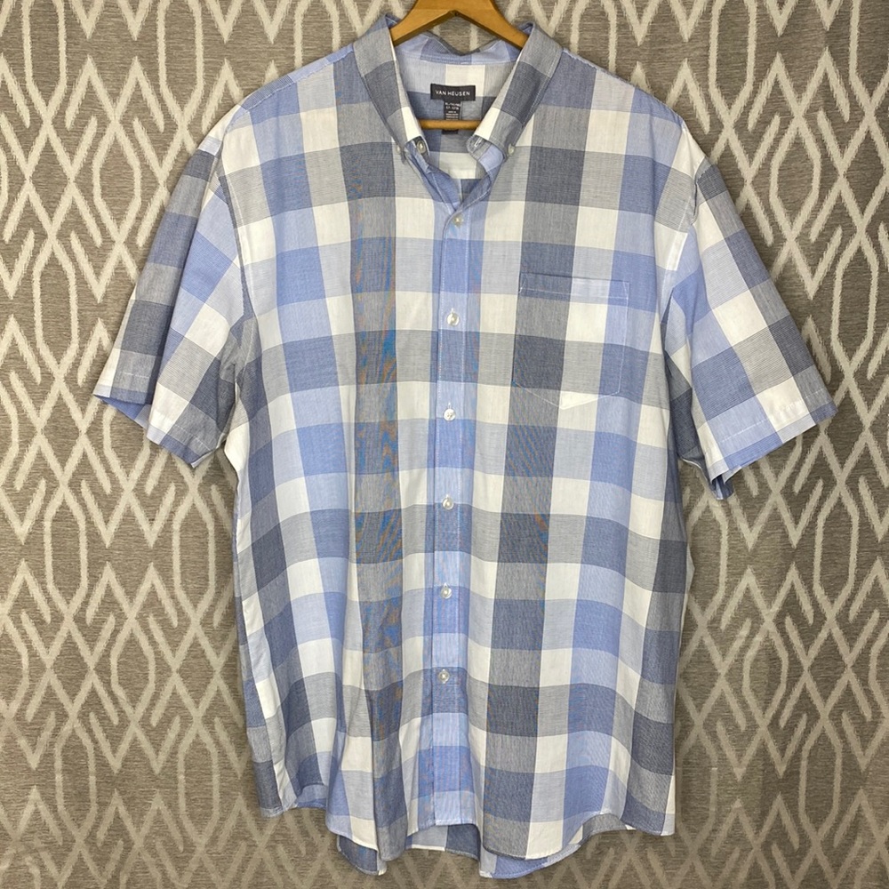 Van Heusen Shirt Sleeve Blue Plaid Button Down Size: XL